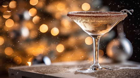 Christmas drinks, martini cocktail on the background of garland and decorated Christmas tree. Cocktail bacal with frosting and coconut shavings. Alcoholic and non-alcoholic drinks for holidays. Generative AIの素材