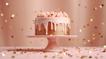 A birthday cake with lighted candles stands on a stand on the table. Joy to celebrate the anniversary. Blurred background with lights. Generative AIの素材