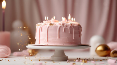 A birthday cake with lighted candles stands on a stand on the table. Joy to celebrate the anniversary. Blurred background with lights. Generative AIの素材