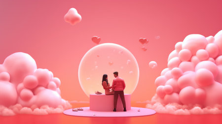 A couple in love is standing opposite each other on a pink background with balls. Valentine's Day scene. The tendency to find your partner in life. Generative AIの素材