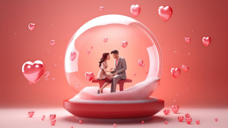 A couple in love is standing opposite each other on a pink background with balls. Valentine's Day scene. The tendency to find your partner in life. Generative AIの素材