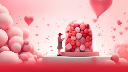 A couple in love is standing opposite each other on a pink background with balls. Valentine's Day scene. The tendency to find your partner in life. Generative AIの素材