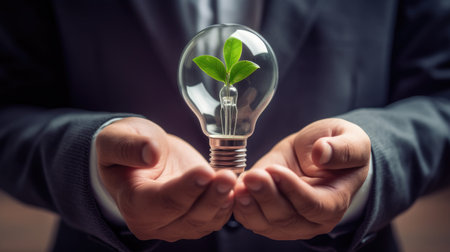 The concept of nature conservation - energy use. A human hand holds a lightbulb. Renewable energy. Generative AIの素材