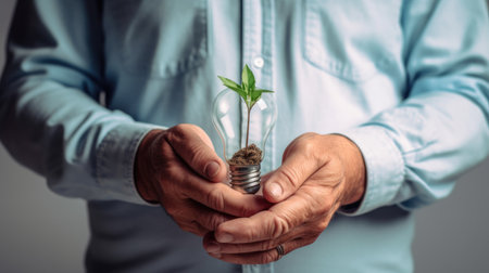 The concept of nature conservation - energy use. A human hand holds a lightbulb. Renewable energy. Generative AIの素材