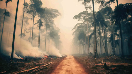 Deforestation concept, tree conservation problem. Fires in nature, a sign of global warming. Generative AIの素材