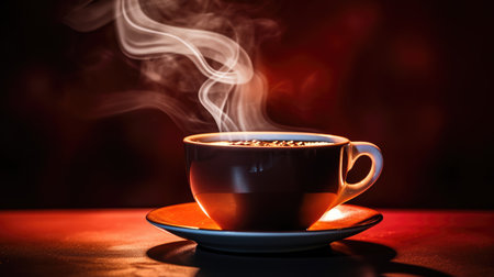 International Coffee Day. An image of a fragrant cup of coffee with scattered roasted beans on the table. Generative AIの素材