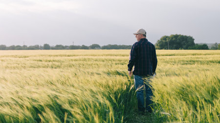 Checking the yield of grain crops at sunset. Man conducts experiments in field conditions. Agronomy.の写真素材