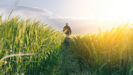 Checking the yield of grain crops at sunset. Man conducts experiments in field conditions. Agronomy.の写真素材