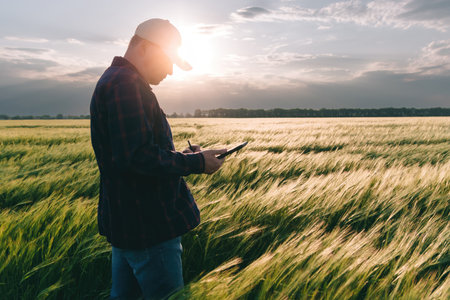 Checking the yield of grain crops at sunset. Man conducts experiments in field conditions. Agronomy.の写真素材