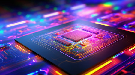 A microchip for a computer. data protection chip. Microcircuits and processors on an electronic board. Generative AIの素材