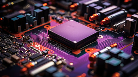 A microchip for a computer. data protection chip. Microcircuits and processors on an electronic board. Generative AIの素材