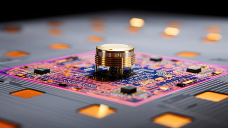 A microchip for a computer. data protection chip. Microcircuits and processors on an electronic board. Generative AIの素材