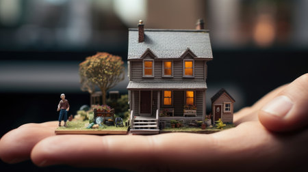 A small house in hand as a real estate concept of affordable housing. Sale and purchase of houses outside the city, suburbs. Renting a house in real estate companies. real estate insurance. Generative AIの素材
