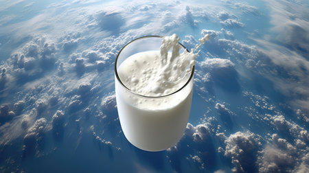 A glass transparent glass with milk that bursts in the space of weightlessness. Generative AIの素材