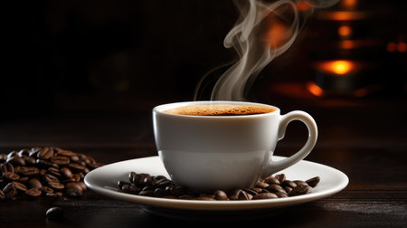 International Coffee Day. An image of a fragrant cup of coffee with scattered roasted beans on the table. Generative AIの素材
