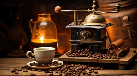 International Coffee Day. An image of a fragrant cup of coffee with scattered roasted beans on the table. Generative AIの素材