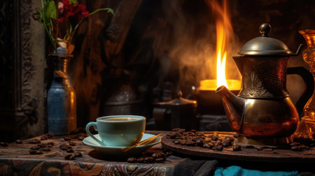 International Coffee Day. An image of a fragrant cup of coffee with scattered roasted beans on the table. Generative AIの素材