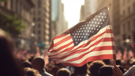 A man holds an American flag raised above his head in a crowd of people. independence day. rear view. Generative AIの素材
