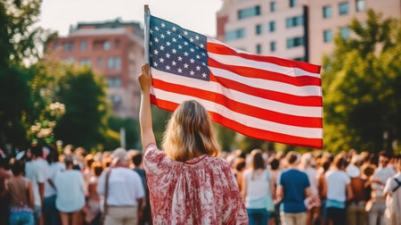 A man holds an American flag raised above his head in a crowd of people. independence day. rear view. Generative AIの素材
