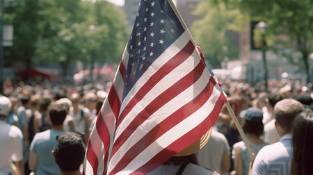 A man holds an American flag raised above his head in a crowd of people. independence day. rear view. Generative AIの素材