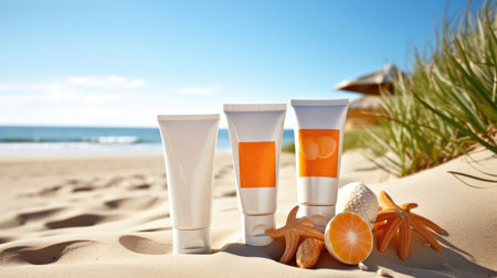 Sunscreen for pool and sea skin. plastic bottle with sun protection. Spf. Generative AIの素材
