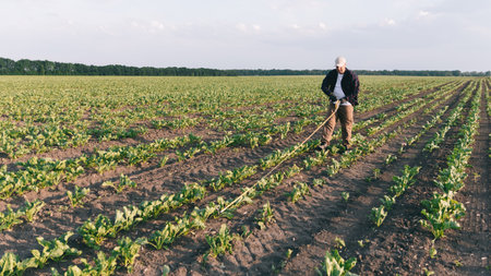A farmer in a field of sugar beets checks the crop and the presence of weeds. Agricultural concept at sunset and clouds. Measurements in field conditions. Sampling on a plot of land with plants.の写真素材