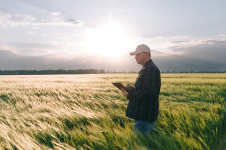 Checking the yield of grain crops at sunset. Man conducts experiments in field conditions. Agronomy.の写真素材