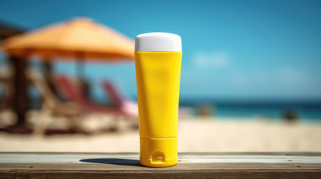 Sunscreen for pool and sea skin. plastic bottle with sun protection. Spf. Generative AIの素材