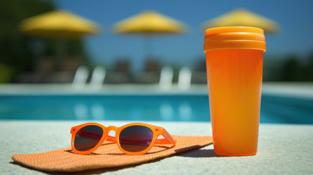 Sunscreen for pool and sea skin. plastic bottle with sun protection. Spf. Generative AIの素材
