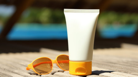 Sunscreen for pool and sea skin. plastic bottle with sun protection. Spf. Generative AIの素材