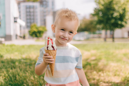 Portrait of a little boy. A baby eats a delicious ice cream cone. happy child. summer dayの写真素材