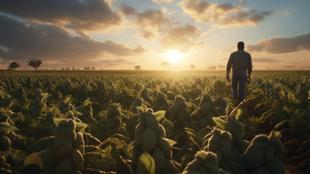 A farmer in a field of sugar beets checks the crop and the presence of weeds. agricultural concept. Generative AIの素材