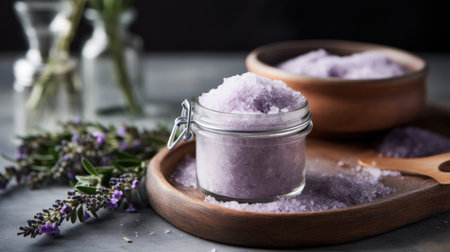 Lavender culinary salt. Beauty procedures and relaxation in beauty salons. Generative AIの素材