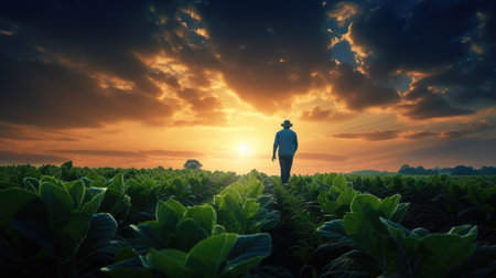 A farmer in a field of sugar beets checks the crop and the presence of weeds. agricultural concept. Generative AIの素材