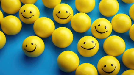 World Day of Smiles. Yellow balls with painted smiles on a blue background. Generative AIの素材