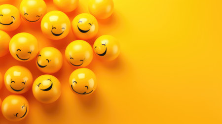 World Day of Smiles. Yellow balls with painted smiles on an orange background. Generative AIの素材