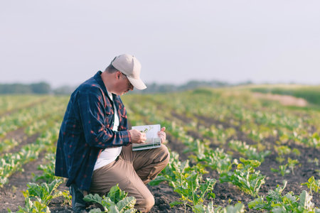 A farmer in a sugar beet field holds a weed sample in his hands. Agricultural concept on sunset and clouds. Measurements in field conditions. Sampling on a plot of land with plants.の写真素材