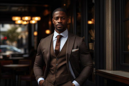 Athletic African American businessman on the street in a classic suit, with a good body. Generative AIの素材