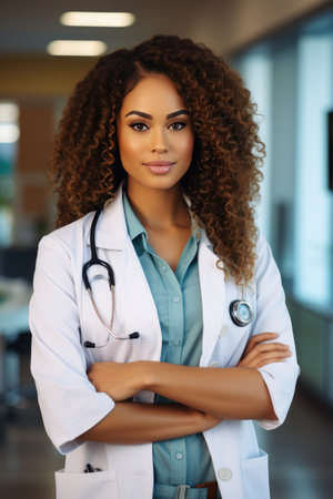 African american female doctor smiling in white coat in hospital. Generative AIの素材