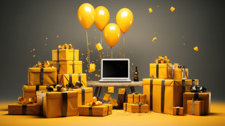 Laptop, packages - online shopping concept. Buying things without leaving home. Generative AIの素材