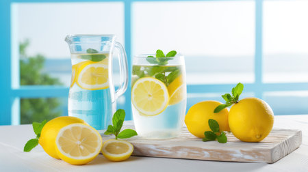 Refreshing summer lemonade from citrus fruits and mint. fruit cocktails. Generative AIの素材