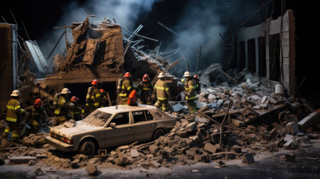 The rescue team is working at the site of the man-made disaster. Destruction after a terrorist attack. Generative AIの素材