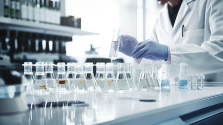 Clear glass test tubes with liquid sample for testing. Blood analysis, study of diseases in flasks. Generative AIの素材