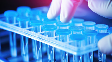 Clear glass test tubes with liquid sample for testing. Blood analysis, study of diseases in flasks. Generative AIの素材