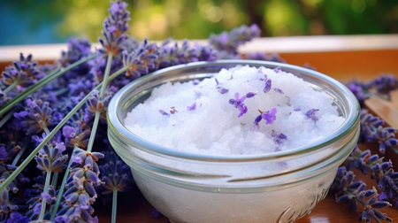 Lavender culinary salt. Beauty procedures and relaxation in beauty salons. Generative AIの素材