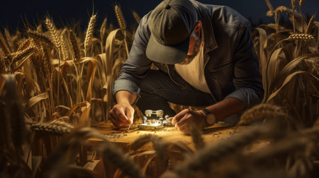 Checking the yield of grain crops at sunset. Man conducts experiments in field conditions. Agronomy. Generative AIの素材