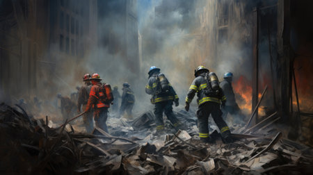 The rescue team is working at the site of the man-made disaster. Destruction after a terrorist attack. Generative AIの素材