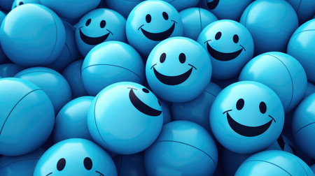 World Day of Smiles. Blue balls with painted smiles on a blue background. Generative AIの素材