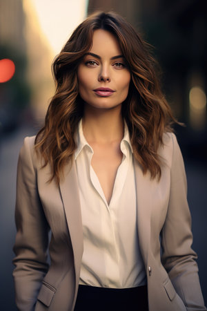 Successful young business girl in a classic suit on the street. Generative AIの素材