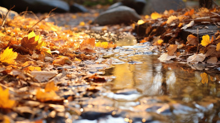 Yellower leaves lie near the string that sticks after the rain. Autumn weather concept. Generative AIの素材